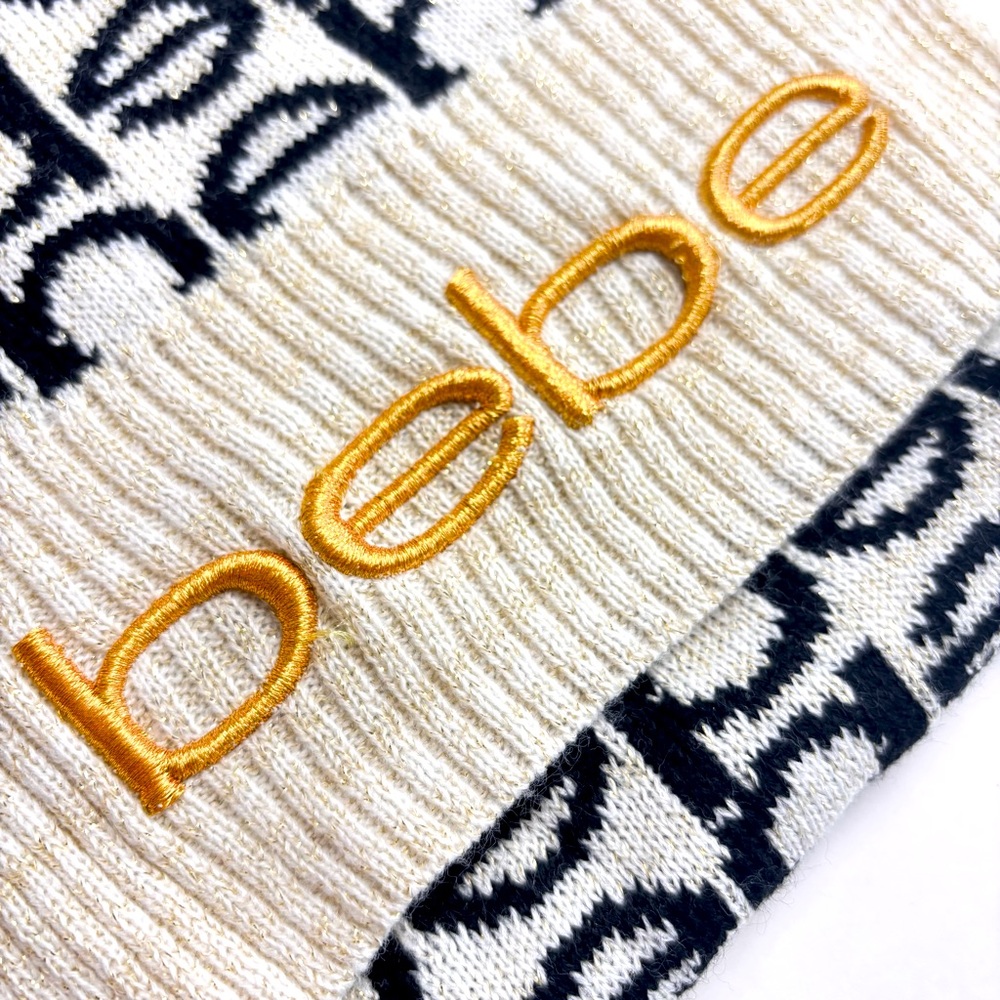 Bebe Y2K Black, Cream & Metallic Gold Logo Scarf Warm Knit Scarf